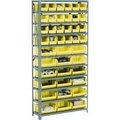 Global Equipment Steel Open Shelving - 15 Yellow Plastic Stacking Bins 8 Shelves 36 x 18 x 73 506208YL